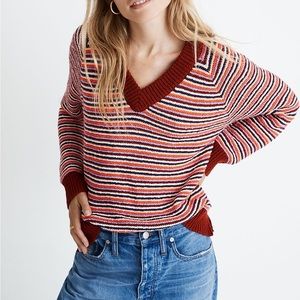 MADEWELL Arden V-Neck Crop Pullover Sweater in Stripe 100% Cotton Size Small